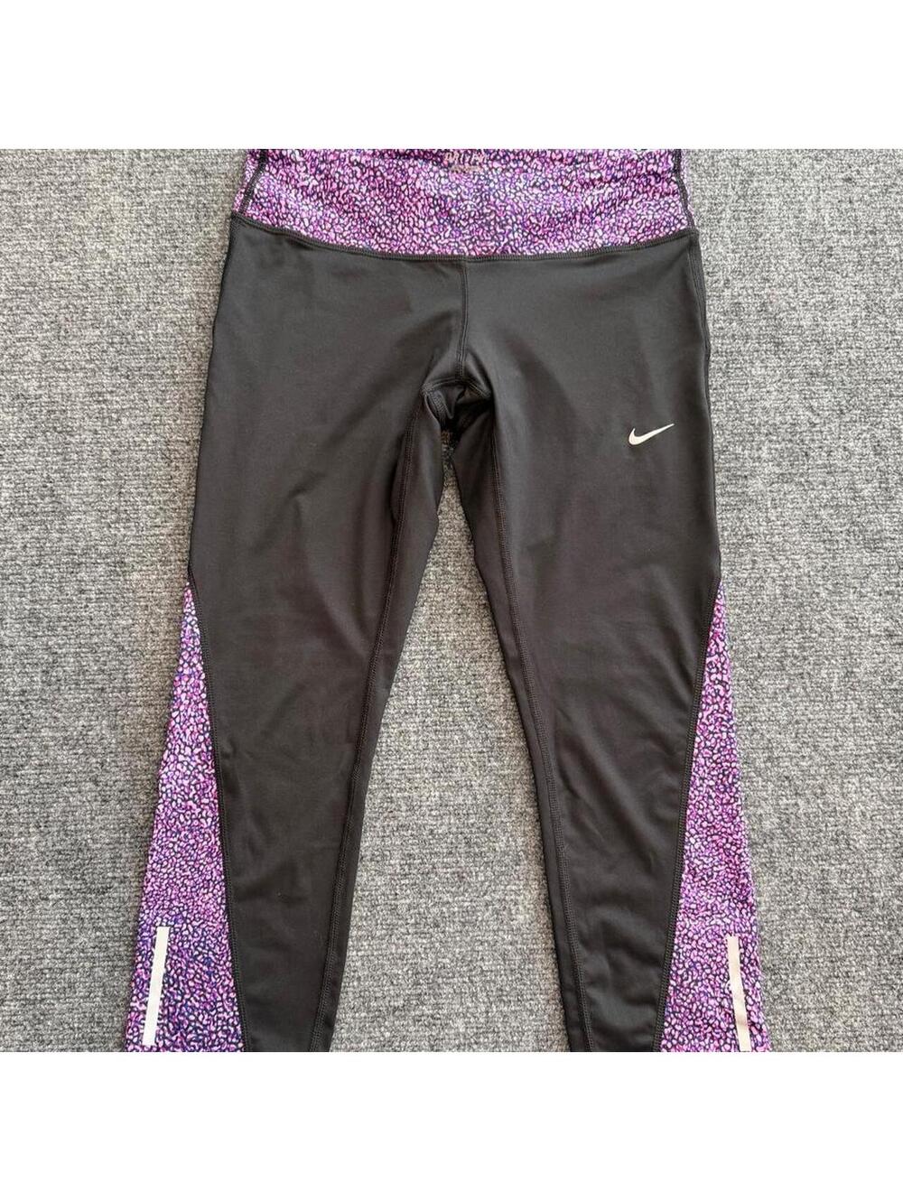 Nike DRI-FIT black leggings with purple print waistband and cuffs size Medium